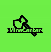 a logo for minecenter with a shovel on a green background