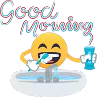 a smiley face is brushing his teeth in a sink with the words good morning written above him