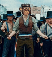 a group of men wearing top hats and suspenders are standing in front of a hardware store