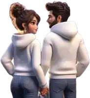 a man and a woman in white hoodies holding hands