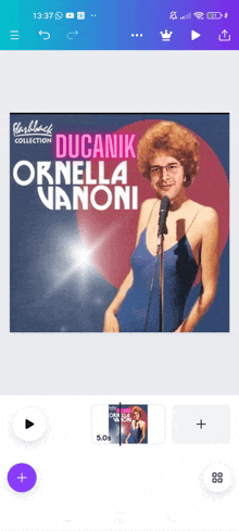 a picture of a woman singing into a microphone with ducanik ornella vanoni on the cover