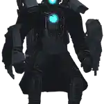 a black robot with a blue light on his head is holding a gun .