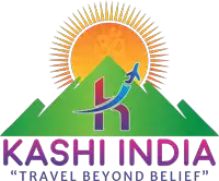 a logo for kashi india travel beyond belief with a mountain and sun