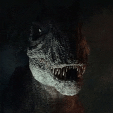 a close up of a dinosaur 's face with its mouth open in a dark room .