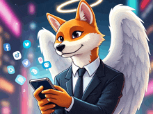 a cartoon of a dog with angel wings looking at a cell phone