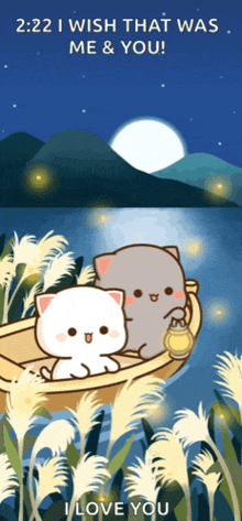 a cartoon of two cats in a boat that says i wish that was me & you