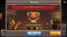 a screenshot of clash of clans that says results your clan got promoted to you got rewarded and give bonuses