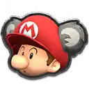 a cartoon character wearing a red hat with a m on it and ears .