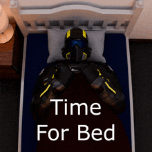 a man in a helmet is laying on a bed with the words " time for bed " below him