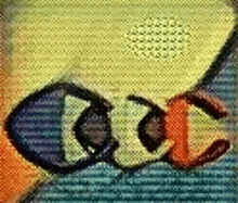 a close up of a painting of a person 's face with glasses on a colorful background .