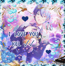 a picture of a man in a suit holding a bouquet of flowers with the words `` i love you kel vv '' .