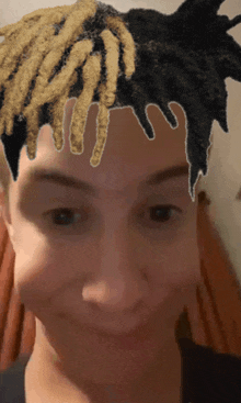 a close up of a woman 's face with a drawing of dreadlocks on her head