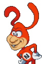 a red cartoon character with a question mark on his chest .