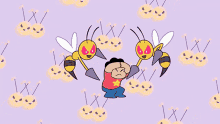 a cartoon of a man being attacked by bees with a purple background