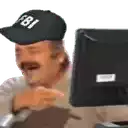 a man wearing a fbi hat is laughing in front of a computer screen .