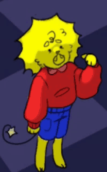 a cartoon character with a yellow head and a red shirt