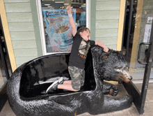 a boy sits on a statue of a bear in front of a window with cotton candy on it