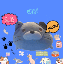 a picture of a stuffed cat with a meow speech bubble