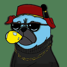 a cartoon of a pug wearing sunglasses and a hat