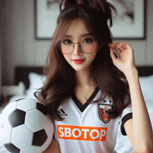 a woman wearing a soccer jersey that says sbotop