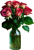 a vase filled with red roses with green leaves