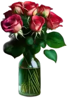 a vase filled with red roses with green leaves