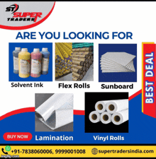 an advertisement for super traders shows solvent ink flex rolls sunboard and lamination