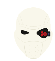 a white helmet with black eyes and red dots