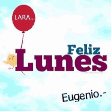 a red balloon is flying in the sky above the words feliz lunes