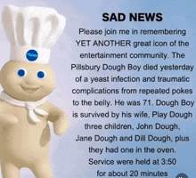 a picture of a pillsbury dough boy with the words sad news on the bottom