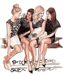 a drawing of four women sitting next to each other with the word ladies visible in the corner