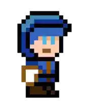 a pixel art of a man with blue hair and blue eyes holding a book .