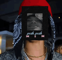 a man wearing a red hat and a bandana has a picture of his face on a black background with the words pash pash