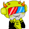 a cartoon character wearing a yellow helmet and headphones with horns .