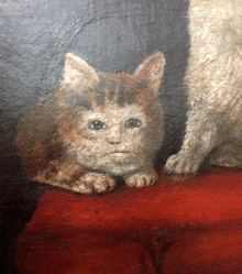 a painting of a cat and a dog on a red couch