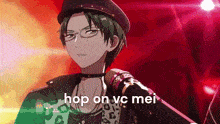 a man with glasses and a hat is standing in front of a red background with the words hop on vc mei written on it