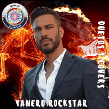 a man in a suit and white shirt is standing in front of a flaming skeleton and the words yanero rockstar on the bottom