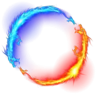 a circle of fire and water with a white background