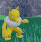 a yellow pokemon is standing in the grass with a fishing rod in its hand .