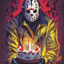 a cartoon of jason voorhees holding a cake with candles on it