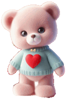 a pink teddy bear wearing a blue sweater with a red heart on its chest