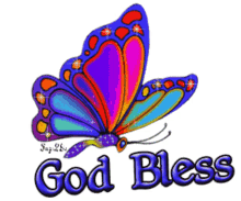 a colorful butterfly with the words " god bless " below it