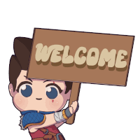 a cartoon character is holding up a welcome sign