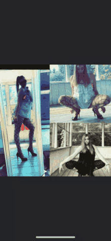 a collage of three pictures of a woman in tights