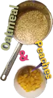 a pot of oatmeal and a bowl of peaches with a spoon