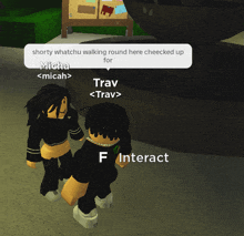 two roblox characters are standing next to each other and one of them is talking about trav