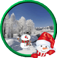 a snowman wearing a santa hat and scarf stands in front of a snowy forest