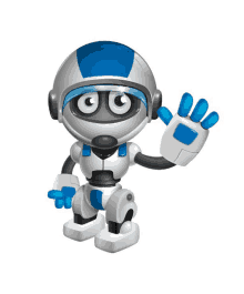 a robot with a blue helmet and blue gloves waving his hand