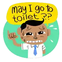 a cartoon of a man with a yellow speech bubble that says may i go to toilet