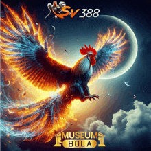 a poster for museum bola with a rooster in flames